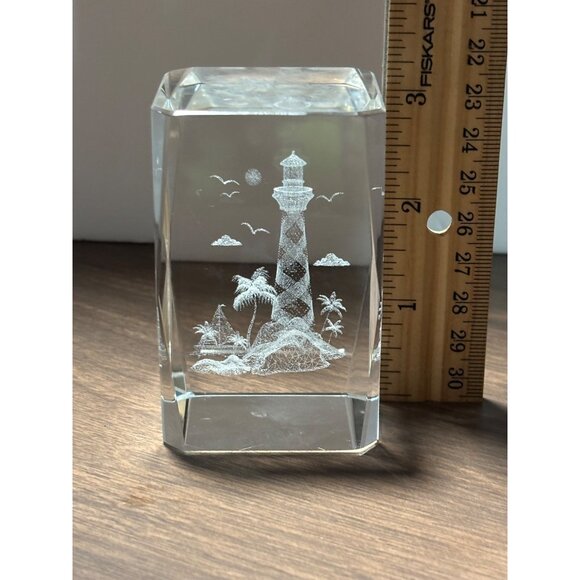 3D Lighthouse Laser Etched Lead Crystal Beveled Glass Paperweight - Picture 5 of 8